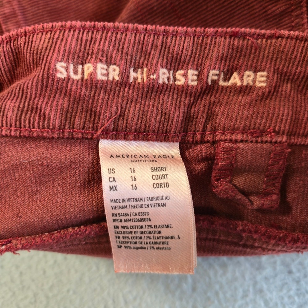 American Eagle Corduroy Pants Women 16 Short Rust Red Super Hi-Rise Flare Button - Picture 4 of 8